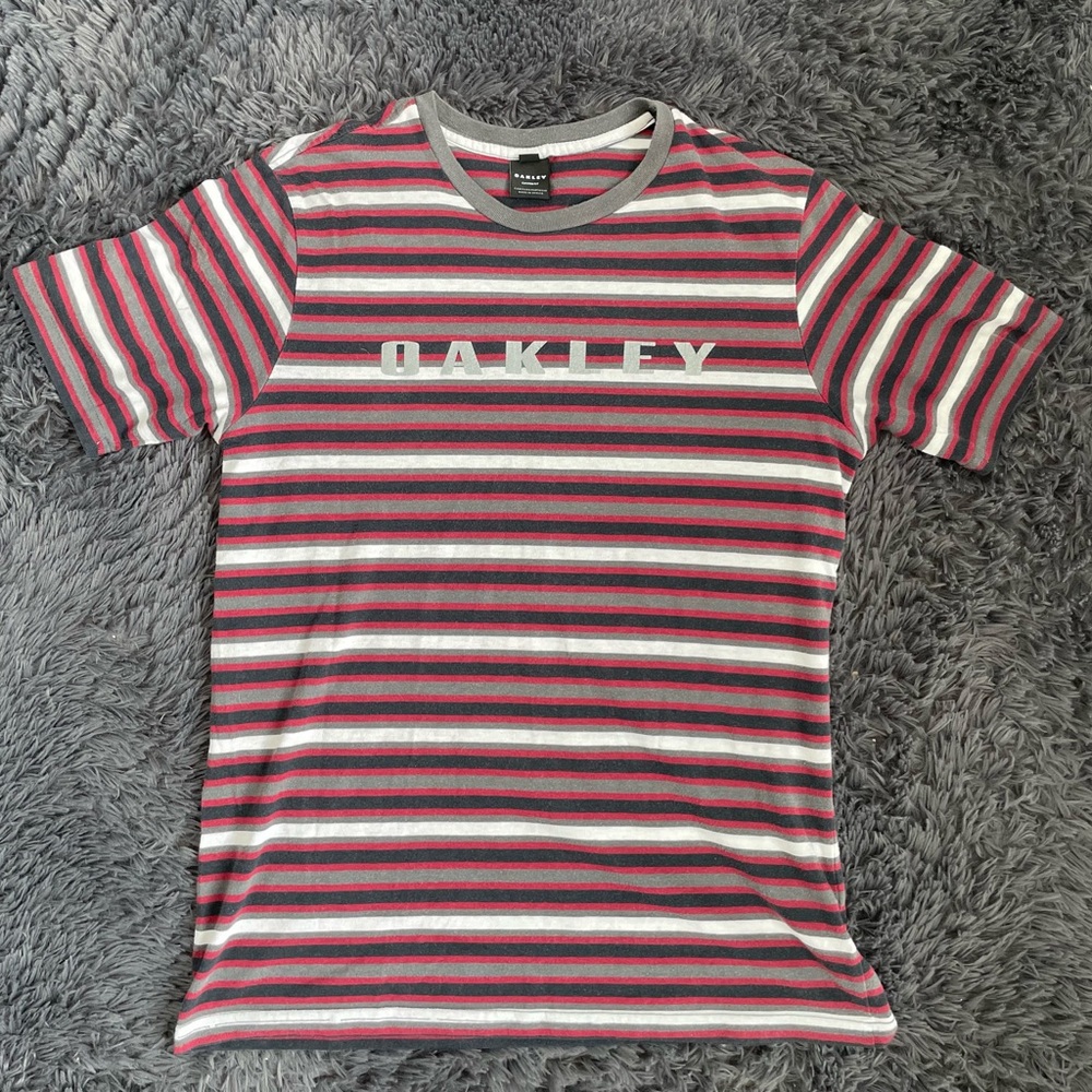 OAKLEY Red Gray Striped Ringer T-Shirt | Women Medium
